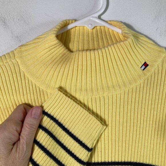 Womens Vintage Tommy Hilfiger Striped Cotton Turtle Neck Sweater XL Yellow Blue - Picture 4 of 12